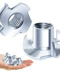 50 Piece 3/8-16 Tee Nuts Zinc Plated Steel Fasteners Featuring Four Prongs For Rock Solid Wood Furniture Assembly shown in hand.