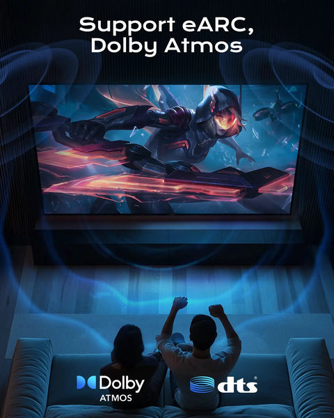 Couple enjoying a gaming scene on a large TV with support for eARC and Dolby Atmos using Ridiculously Durable Fifty Foot Fiber Optic Hdmi Cable Screaming Fast 48Gbps.