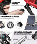 Close-up of crank cap wrench, bottom bracket remover, and spline crank puller from All In One 31 Piece Bicycle Repair Kit With Storage Box For Mountain Road And Park Bikes Includes Chain Riveter Crank Puller Tire Levers Cassette Tools And Essential Repair Tools For DIY Ready Home Workshop.