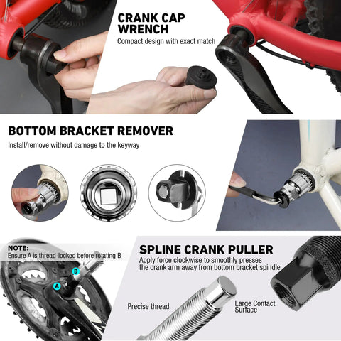 Close-up of crank cap wrench, bottom bracket remover, and spline crank puller from All In One 31 Piece Bicycle Repair Kit With Storage Box For Mountain Road And Park Bikes Includes Chain Riveter Crank Puller Tire Levers Cassette Tools And Essential Repair Tools For DIY Ready Home Workshop.
