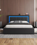 Rock Solid Full Size Bed Frame With Plush Faux Leather Upholstery And Four Seamless Gliding Storage Drawers Plus Handy LED accent lights in a modern bedroom.