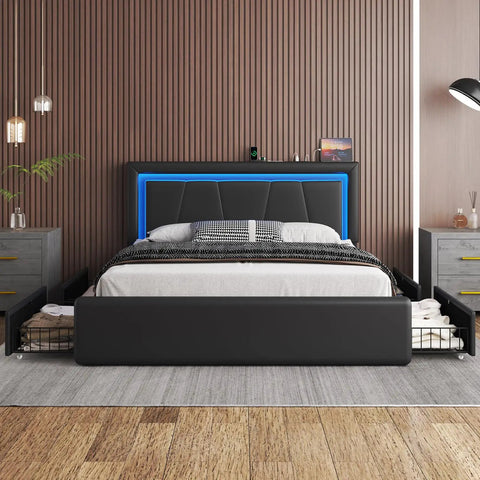 Rock Solid Full Size Bed Frame With Plush Faux Leather Upholstery And Four Seamless Gliding Storage Drawers Plus Handy LED accent lights in a modern bedroom.