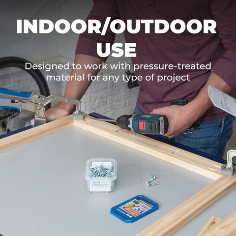 Person assembling frame using Blue-Kote Pocket-Hole Screws 2-1/2 Inch Weather Resistant Maxi-Loc Head Coarse Thread Outdoor 2000 Count