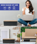 Wooden Style Large Cable Management Box for Hiding Wires and Power Strips shown in various home and office setups.