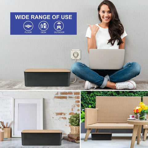 Wooden Style Large Cable Management Box for Hiding Wires and Power Strips shown in various home and office setups.