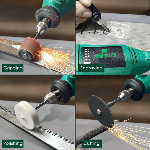Rotary Tool Kit With Five Speed Settings 10000 To 37000 RPM Flexible Shaft And Multifunction Chuck 218 Accessories Perfect For DIYers Woodworking Metalworking Craft Projects And DIY Creations being used for grinding, engraving, polishing, and cutting.