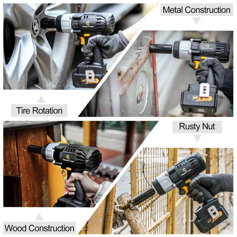 20V Cordless Impact Wrench With Half Inch Chuck 450 Newton Meters Max Torque 4.0Ah Lithium Battery in use on different tasks