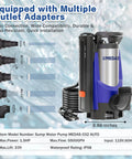 Automatic Submersible Sump Pump 1.5HP 5500GPH Beast Portable Utility Water Pump with multiple outlet adapters and dimensions.