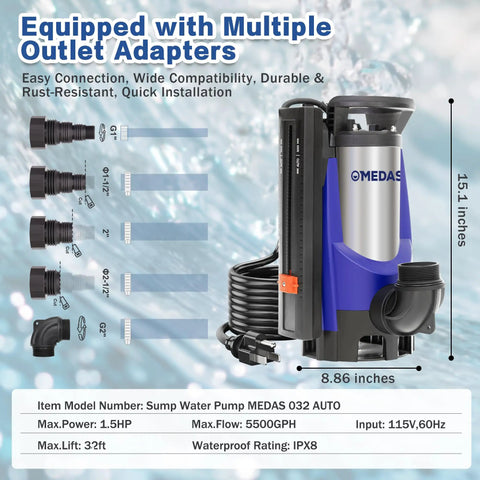 Automatic Submersible Sump Pump 1.5HP 5500GPH Beast Portable Utility Water Pump with multiple outlet adapters and dimensions.