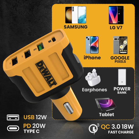 Rugged Four Port Usb C Car Charger Delivers Dead Serious 60W Fast Charging For Android Smartphones With A Gutsy Cigarette Lighter Adapter That Makes Highway Drives A Breeze. Features multiple ports.