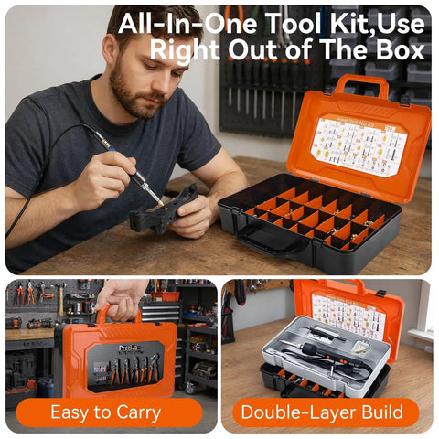 All In One Heat Set Threaded Inserts Kit with 60W Soldering Iron in open case, man using soldering iron on 3D printed part