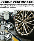Beefy Anti Theft Wheel Lock Lug Nuts, M12 X 1.5 Chrome Plated Security Fasteners With Custom Cut Key, installed near a shiny wheel.