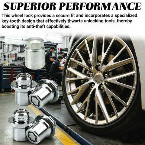 Beefy Anti Theft Wheel Lock Lug Nuts, M12 X 1.5 Chrome Plated Security Fasteners With Custom Cut Key, installed near a shiny wheel.