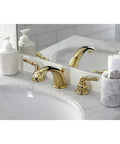 Polished Brass Widespread Bathroom Faucet With Deck Mount 8 To 16 Inch Spread Solid Brass Build Drip Free Washerless Cartridge One Point Two GPM Flow 60 PSI IPS Connection Classic Vintage Style Old School Charm installed on marble countertop