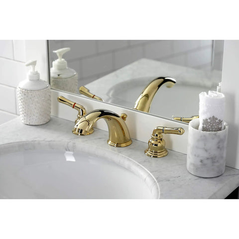 Polished Brass Widespread Bathroom Faucet With Deck Mount 8 To 16 Inch Spread Solid Brass Build Drip Free Washerless Cartridge One Point Two GPM Flow 60 PSI IPS Connection Classic Vintage Style Old School Charm installed on marble countertop