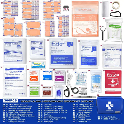 Grab And Go Compact Waterproof First Aid Kit With Nine Organized Compartments 300 Piece Emergency Supplies Set For Outdoor Camping Hiking Car Home Travel And Office layout showing individual items like bandages and wipes.