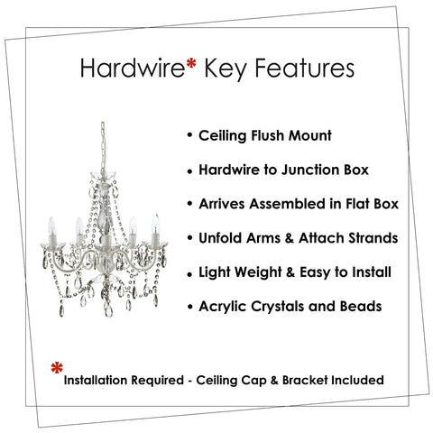 Original Brink House 5 Light Crystal White Chandelier with flush mount and acrylic crystals, hardwired installation features.