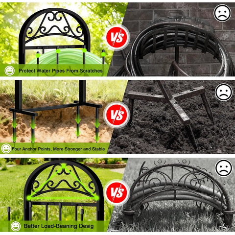 Comparison of Garden Hose Holder Stand Rustproof Freestanding Heavy Duty with Beefy Metal Frame against competing designs.