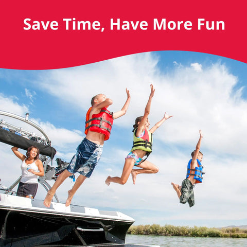 Group of people jumping off a boat into the water wearing life vests, under a 'Save Time, Have More Fun' banner.