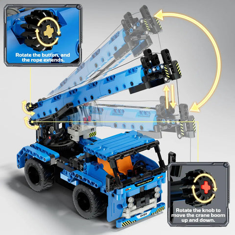 2-In-1 RC Construction Truck And Crane Set For Kids Aged 6 To 14, 401-Piece Build Kit With Easy Remote Control, blue ABS crane truck