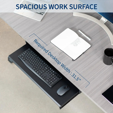 Large Height Adjustable Under Desk Keyboard Tray With Straight Up Smooth Glide Slide Out Platform Zero Hassle Ergonomic Typing Setup Rich Matte Black Computer Drawer showing keyboard and mouse beneath desk.