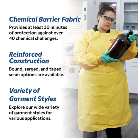 Person in laboratory wearing Disposable Chemical Resistant Coverall With Hood And Serged Seams, Yellow, X-Large, elastic cuffs.