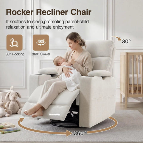 Mother and baby in 360 Degree Swivel Rocker Recliner Chair With Adjustable Armrests And Headrest, Beige, in nursery