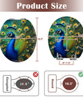 Round Vivid Peacock Colorful Plumage Display Detailed Artwork Toilet Seat with size dimensions and shape guidance.