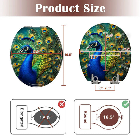 Round Vivid Peacock Colorful Plumage Display Detailed Artwork Toilet Seat with size dimensions and shape guidance.
