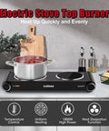 Dual Infrared 1800W Hot Plate Portable Electric Stove With Glass Cooktop And Adjustable Temperature Control Stainless Steel Double Burner For Dorm Office Home Or Camping Use with a pot on one burner.