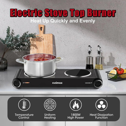 Dual Infrared 1800W Hot Plate Portable Electric Stove With Glass Cooktop And Adjustable Temperature Control Stainless Steel Double Burner For Dorm Office Home Or Camping Use with a pot on one burner.
