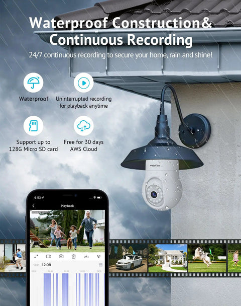 Outdoor 4MP Bulb Security Camera Wireless 360 Degree Panoramic 2K HD installed under roof, capturing motion alerts