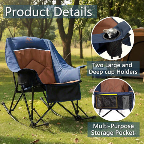Big And Tall Rocking Camping Chair With 400 Lb Capacity, featuring cup holders and storage pocket, navy, on a grassy lawn.