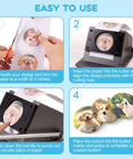 Steps for using 3 Inch Circle Punch For Button Making, showing design trimming, paper insertion, cutting with Precision 86mm Circle Cutter.