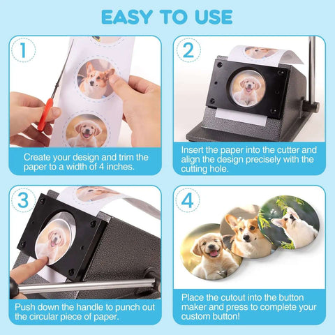 Steps for using 3 Inch Circle Punch For Button Making, showing design trimming, paper insertion, cutting with Precision 86mm Circle Cutter.