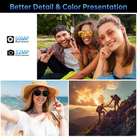 Group of friends enjoying time outdoors; highlighting 50MP rear camera and 32MP front camera for vibrant photos.