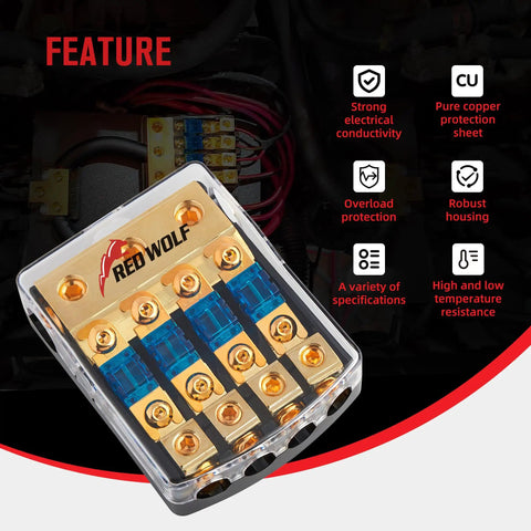 4 Way Mini Anl Fuse Holder 60A Fuse Distribution Block with transparent cover and blue fuses for secure power distribution.