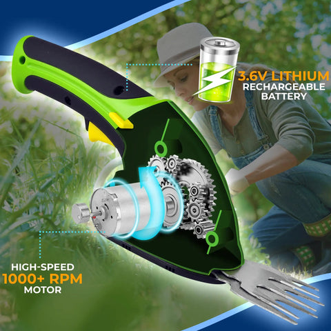 Quick Change Blade Cordless Garden Shears For Snipping Grass And Trimming Hedges Rechargeable Lightweight handheld clippers showing internal motor and battery.