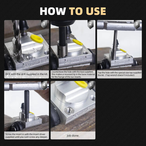 SENNMONN M6x1.0 thread repair kit with stainless inserts; step-by-step drilling, counterboring and inserting shown.