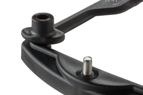 Close-up of black USCG Approved 24 Series Heavy Duty Adjustable Hold Down Marine Battery Tray for boats, showing fastening details.