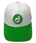 Front view of Adjustable Golf Hat for Men and Women, Performance Polyester Cap with Breathable Comfort, white and green.