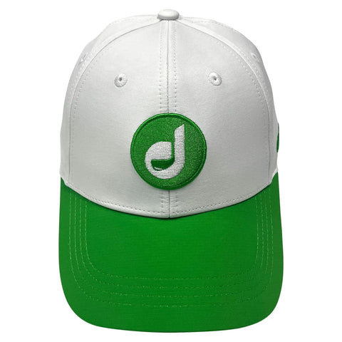 Front view of Adjustable Golf Hat for Men and Women, Performance Polyester Cap with Breathable Comfort, white and green.