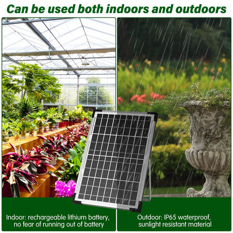 Solar Powered Automatic Plant Watering System 10W Kit for Garden Drip Irrigation, greenhouse with lush plants, and solar panel outdoors