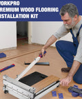 Laminate Flooring Installation Kit 44 Pack Pro Grade With Fiberglass Mallet And 10 Inch Precise Contour Gauge For Easy DIY Flooring Laying And Durable Vibration Resistant Tools in use on wood floor