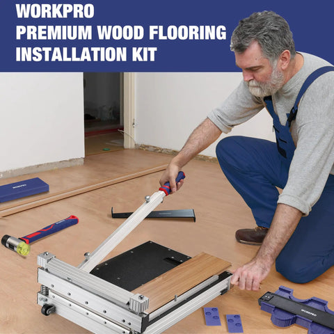 Laminate Flooring Installation Kit 44 Pack Pro Grade With Fiberglass Mallet And 10 Inch Precise Contour Gauge For Easy DIY Flooring Laying And Durable Vibration Resistant Tools in use on wood floor