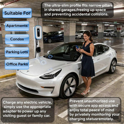 Straight Up Heavy Duty Level 2 EV Charger 50 Amp J1772 Wall Station near a parked Tesla in a garage, highlighting app controls.