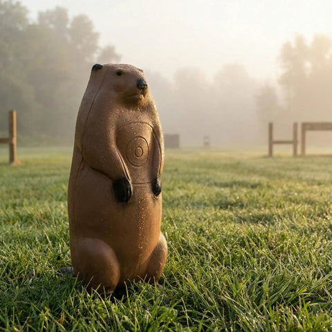 Real Wild 3D Groundhog Archery Target For Realistic Hunting Practice in a grassy outdoor setting