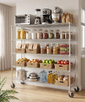 Heavy Duty 5 Tier Rolling Metal Wire Storage Rack With Smooth Gliding Casters For Garage Or Pantry Featuring Beast Grade Rust Resistant Build Plus Slick Matte Finish, storing jars and fruits.