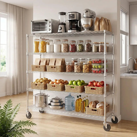 Heavy Duty 5 Tier Rolling Metal Wire Storage Rack With Smooth Gliding Casters For Garage Or Pantry Featuring Beast Grade Rust Resistant Build Plus Slick Matte Finish, storing jars and fruits.