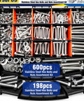 798 Piece Stainless Steel Hex Bolts And Nuts Assortment Kit With Flat And Lock Washers Includes 1/4 20, 5/16 18, 3/8 16, 1/2 13 Bolts And Nuts In Lengths From 1/2 Inch To 2 1/2 Inches Heavy Duty Pro Grade Hardware Set For Home And Garage Projects. open organizer tray with stainless steel hex bolts, nuts, and washers